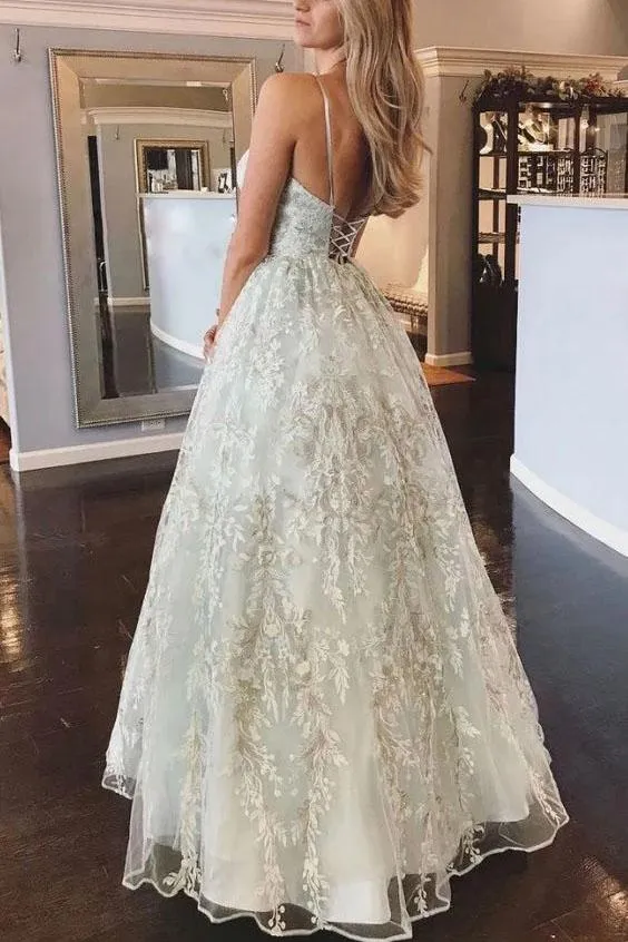 Floor Length Spaghetti Straps Backless Beach Wedding Dress With Appliques UQ2416