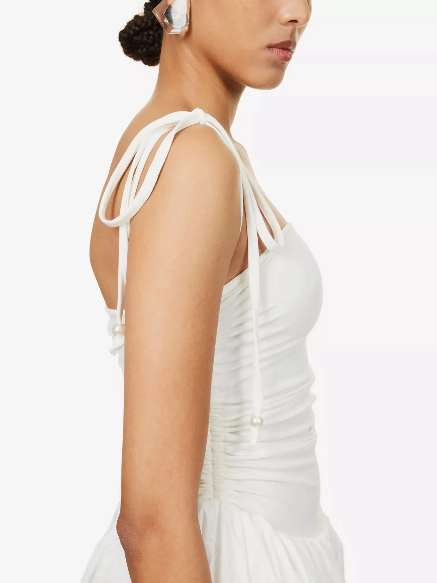Puffball Ruched Stretch-Cotton Midi Dress - White