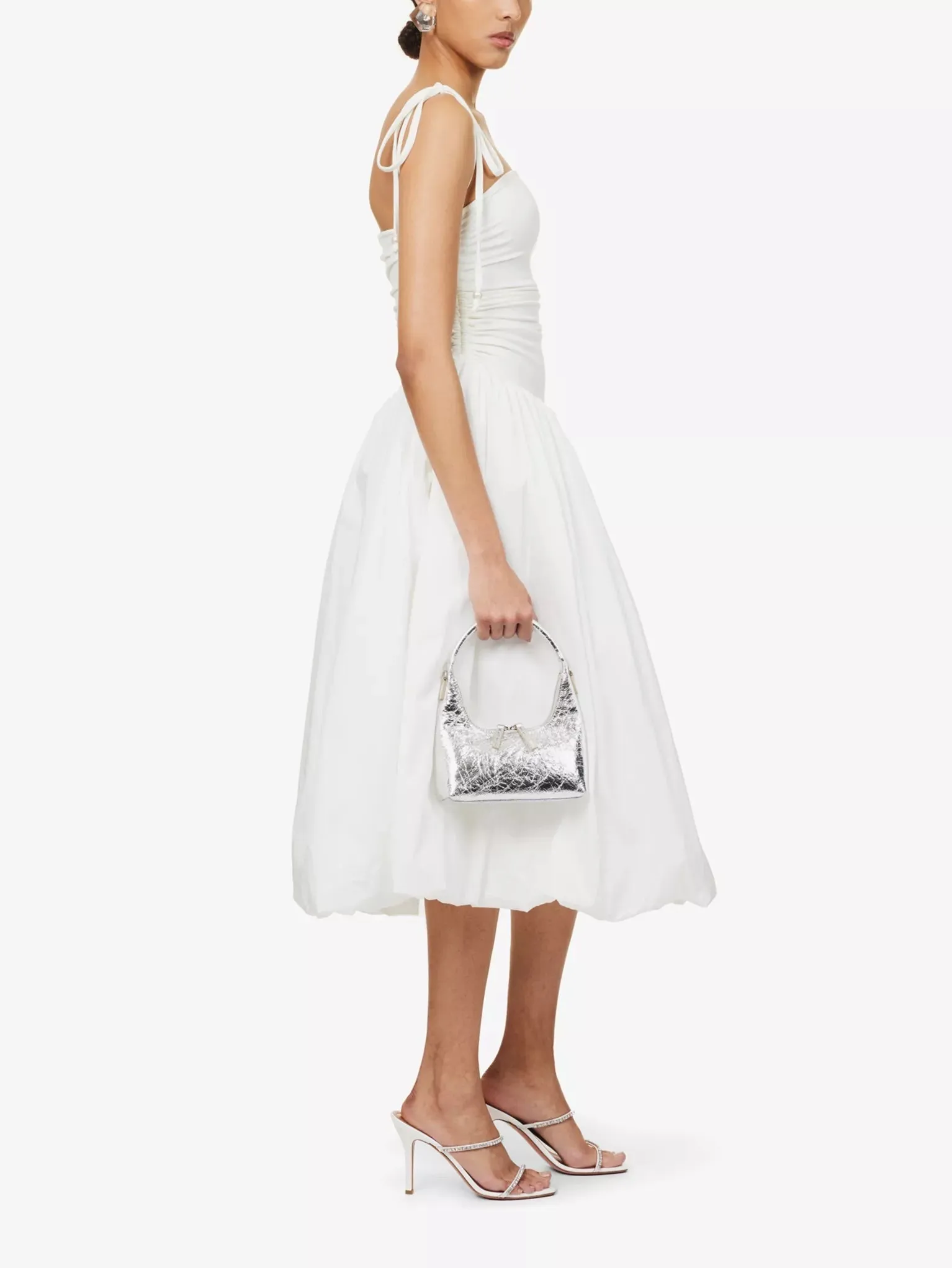 Puffball Ruched Stretch-Cotton Midi Dress - White