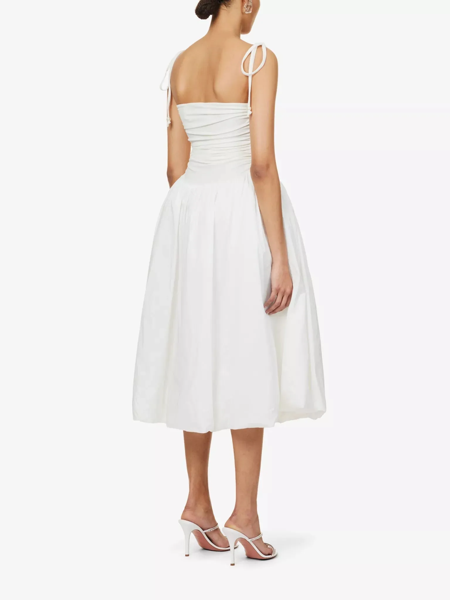Puffball Ruched Stretch-Cotton Midi Dress - White
