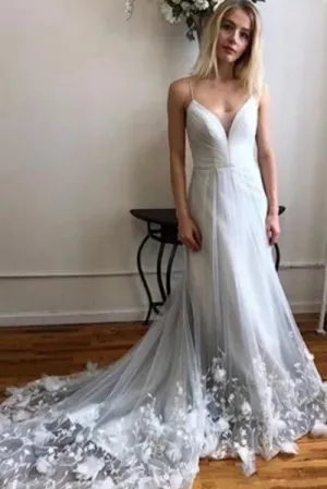Spaghetti Strap V Neck Tulle Wedding Dress with Lace Appliques, Long Prom Dresses UQ2441 Spaghetti Strap V Neck Tulle Wedding Dress with Lace Appliques, Long Prom Dresses UQ2441